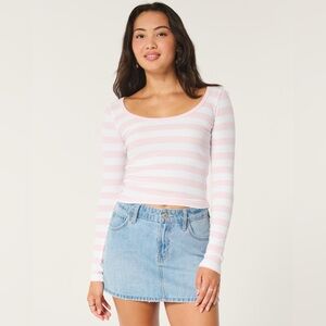Hollister Women's White Ribbed Scoop Top Pink & White Striped Size XL